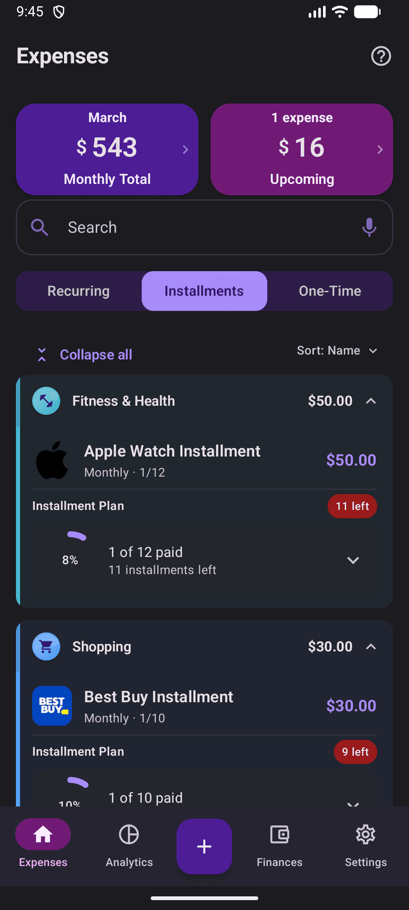Billy app dark theme - expense categories and analytics