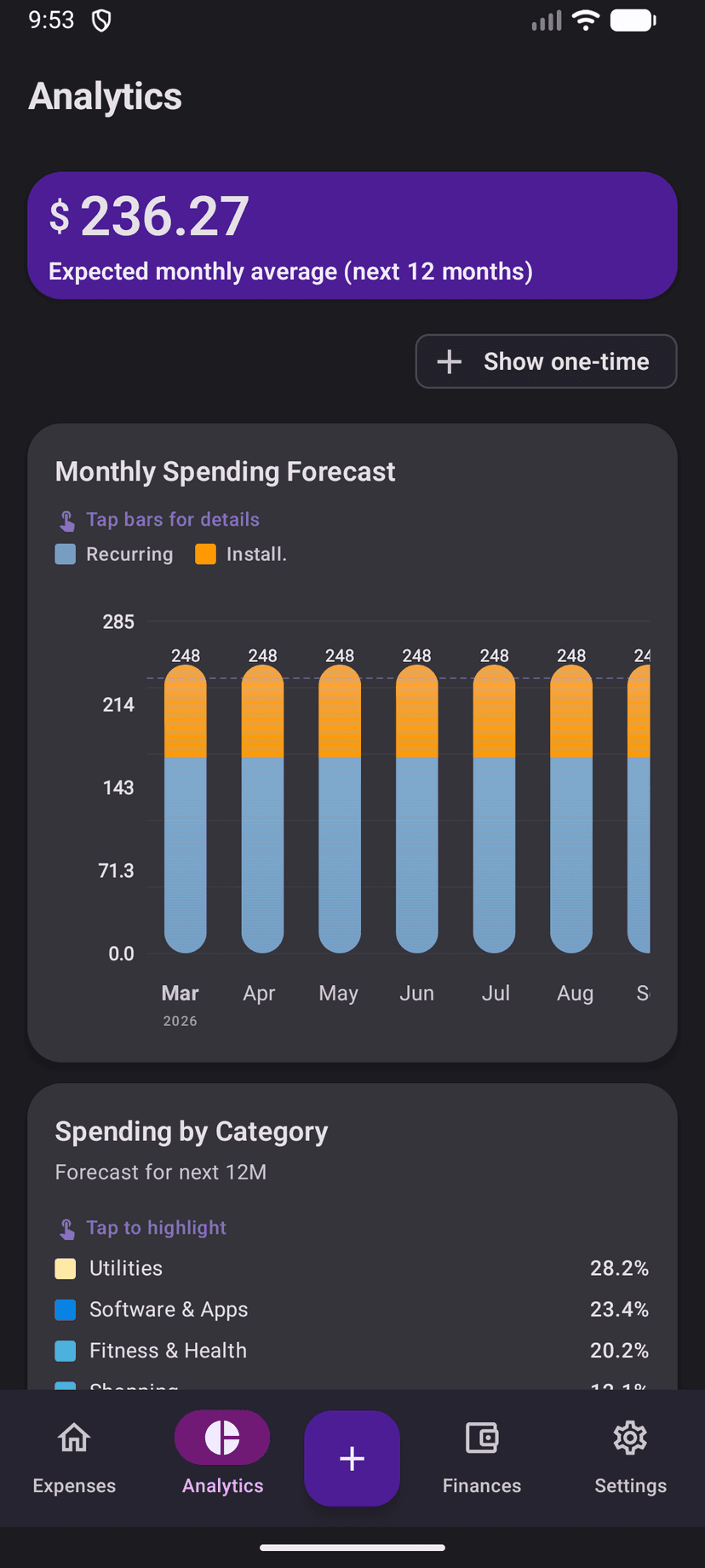 Billy app dark theme - spending charts and visualizations