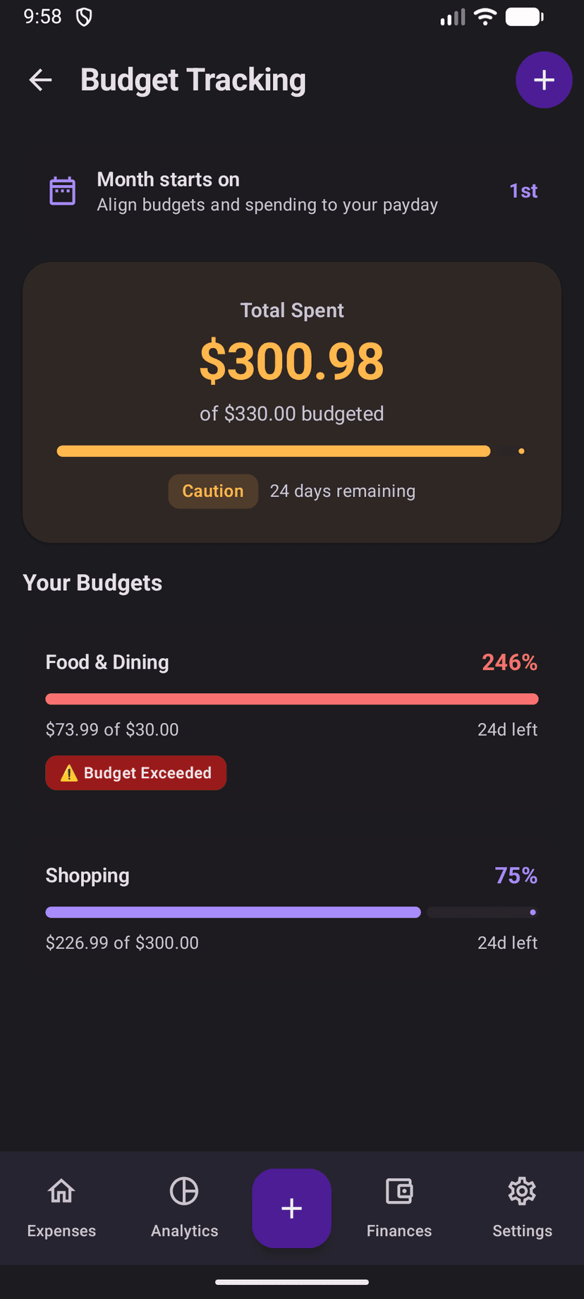 Billy app dark theme - financial insights and reports