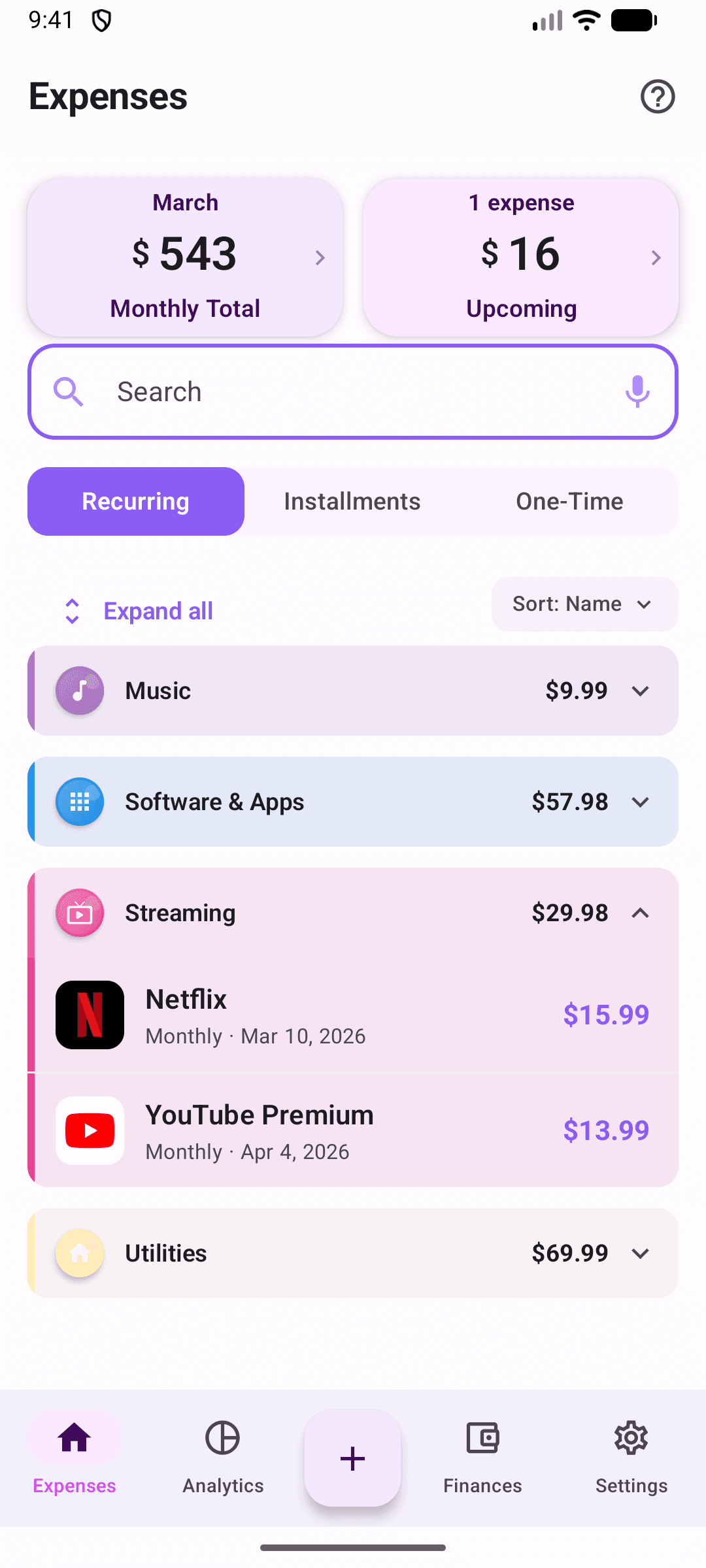 Billy subscriptions grouped by category with billing dates